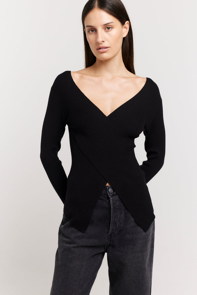 Edie Wrap Knit | Black Long Sleeve Wrap Knit Top | Henne