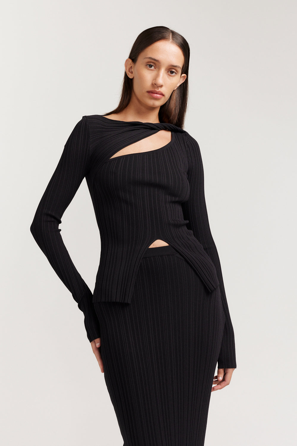 Romee Long Sleeve Top, Rib Knit Black Top